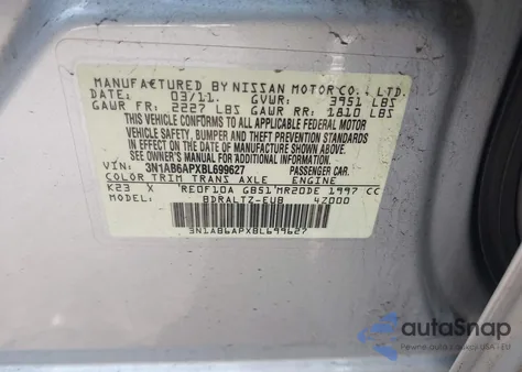 2011 Nissan Sentra 2.0S z USA, uszkodzony, nr VIN 3N1AB6APXBL699627